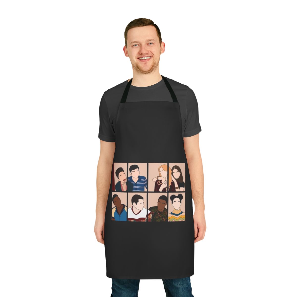 Vibrant apron featuring characters from the popular Netflix series "Sex Education"