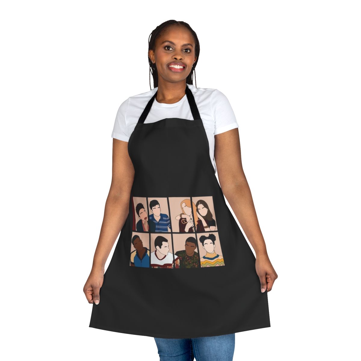 Vibrant apron featuring characters from the popular Netflix series "Sex Education"