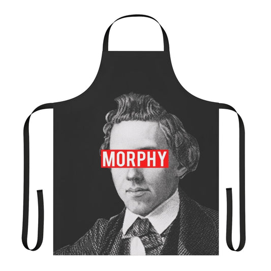 Apron featuring a chess board design and portrait of legendary chess grandmaster Paul Morphy