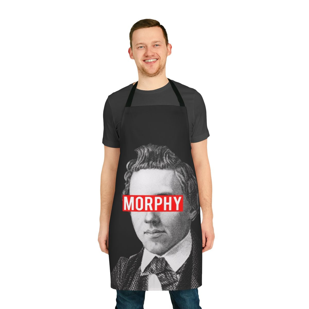 Apron featuring a chess board design and portrait of legendary chess grandmaster Paul Morphy