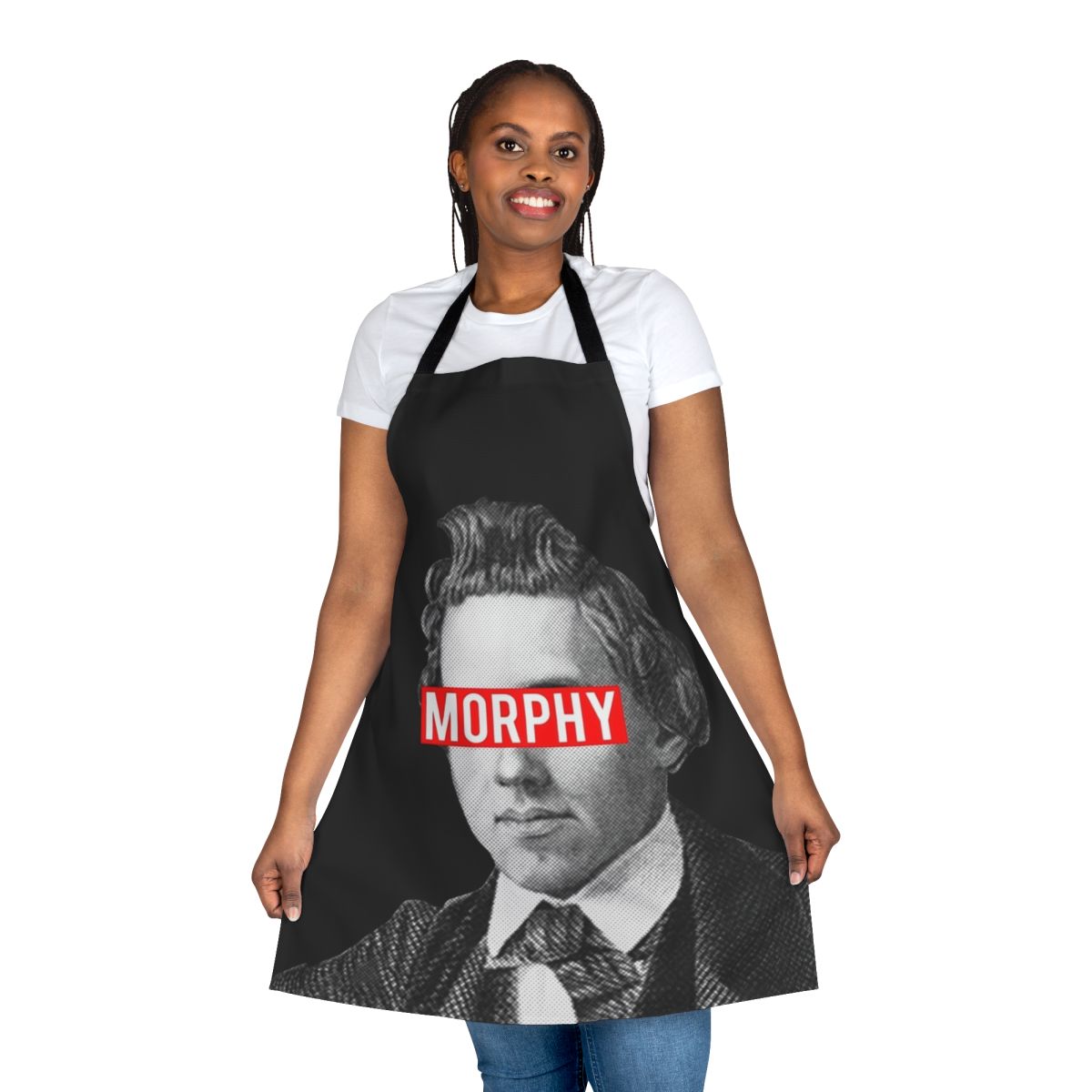 Apron featuring a chess board design and portrait of legendary chess grandmaster Paul Morphy