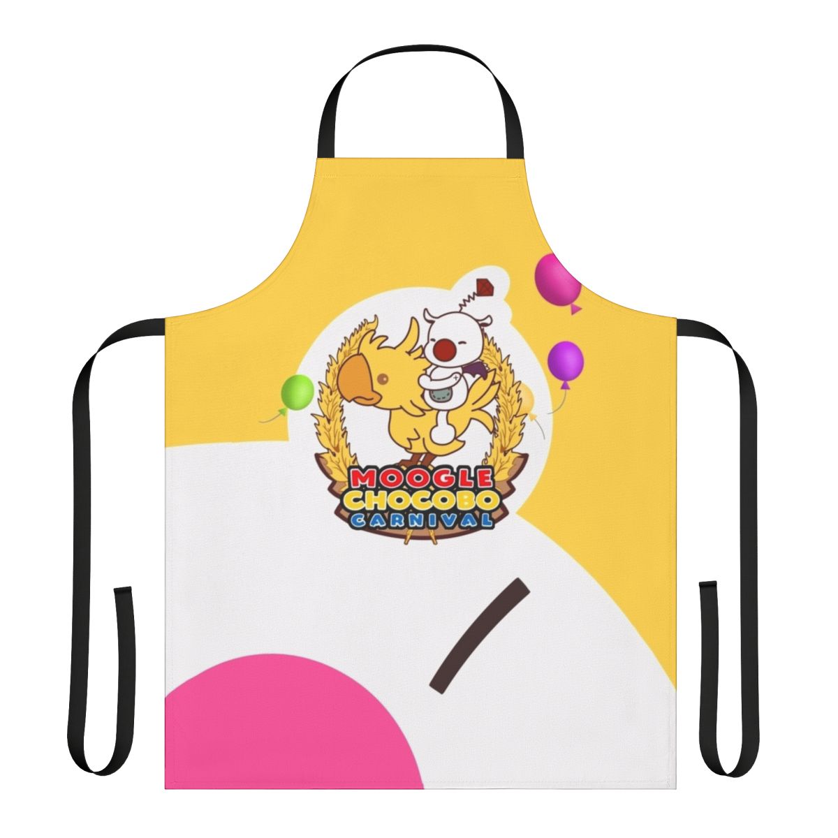 A vibrant apron featuring Moogle and Chocobo designs, perfect for Final Fantasy fans