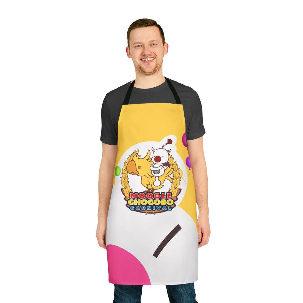 A vibrant apron featuring Moogle and Chocobo designs, perfect for Final Fantasy fans