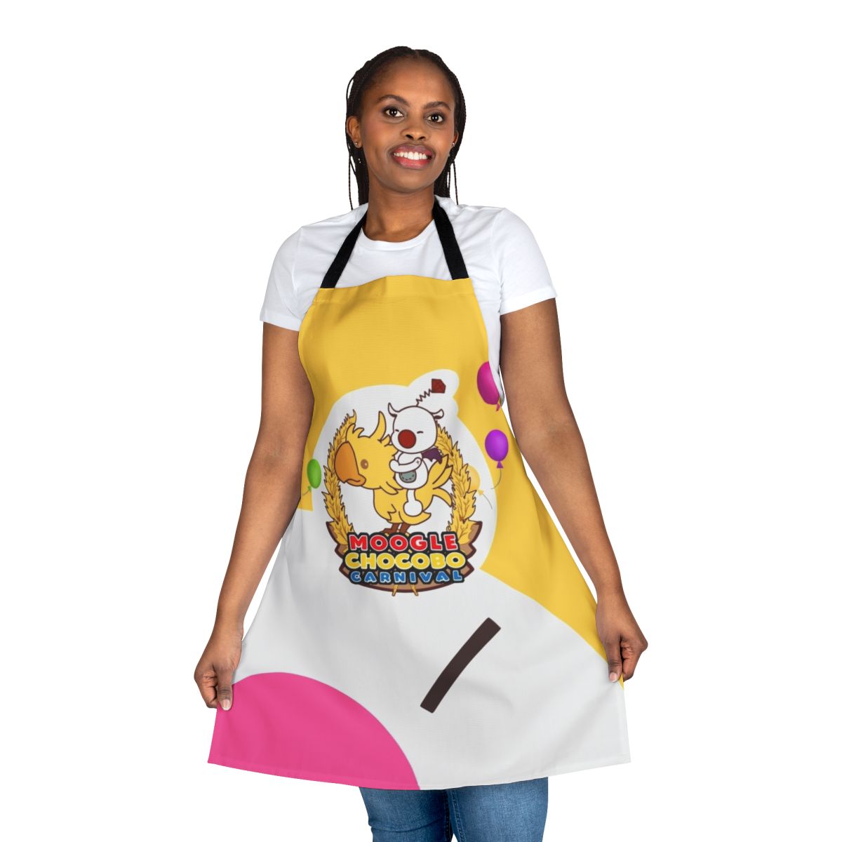A vibrant apron featuring Moogle and Chocobo designs, perfect for Final Fantasy fans