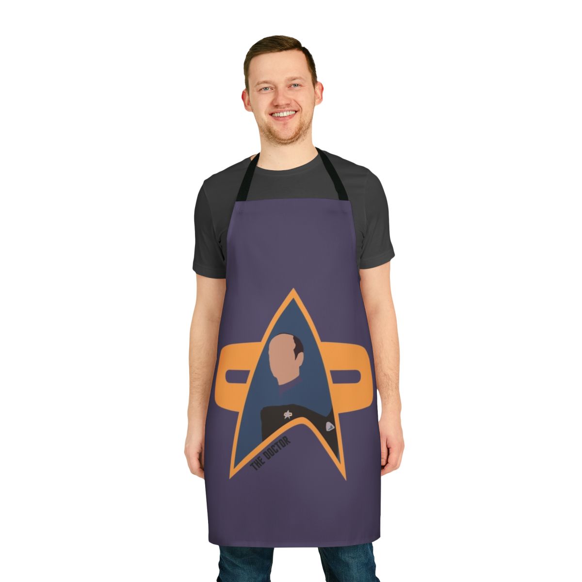 A stylish apron featuring the Emergency Medical Hologram (EMH) from Star Trek: Voyager
