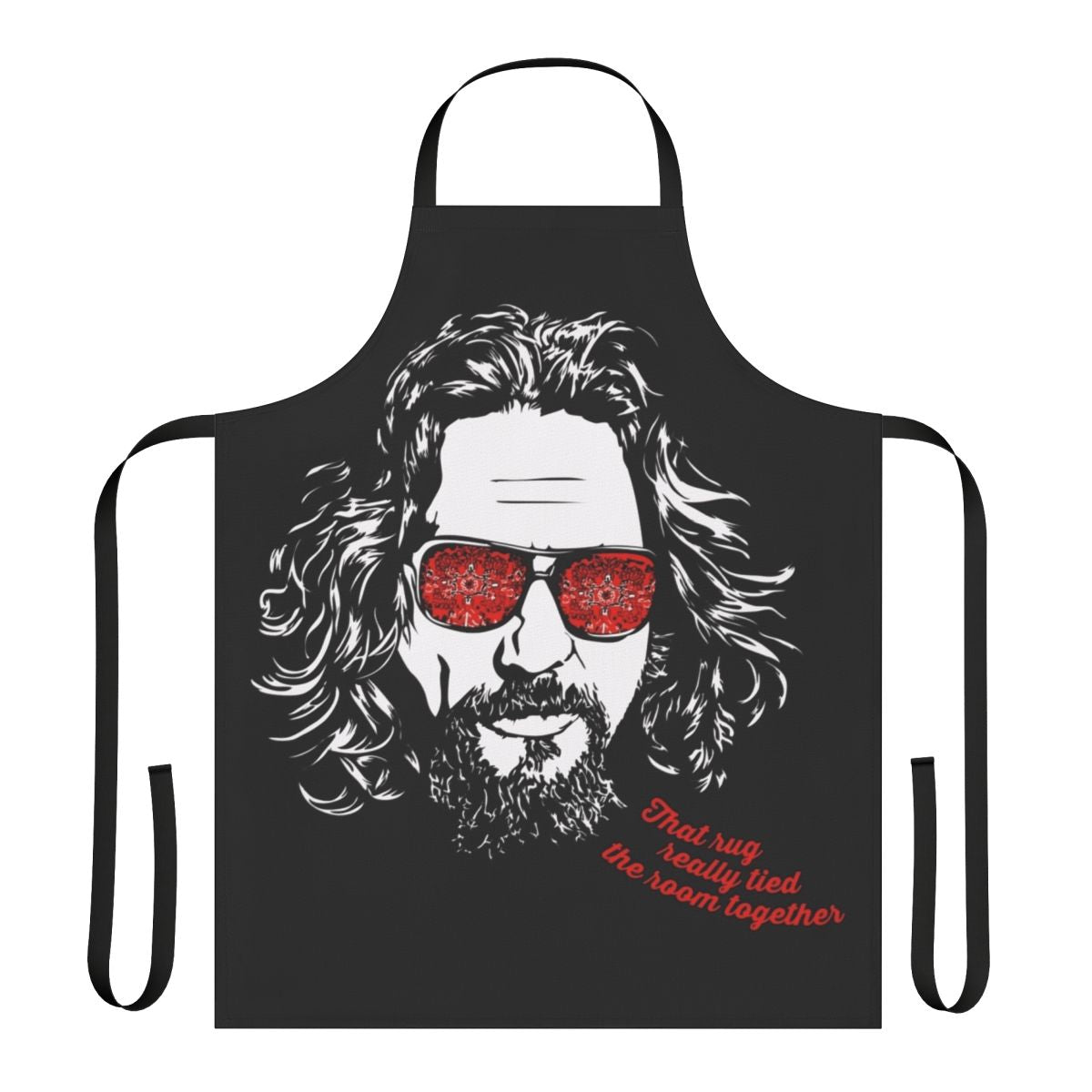 A white apron featuring the iconic image of The Dude from the movie The Big Lebowski