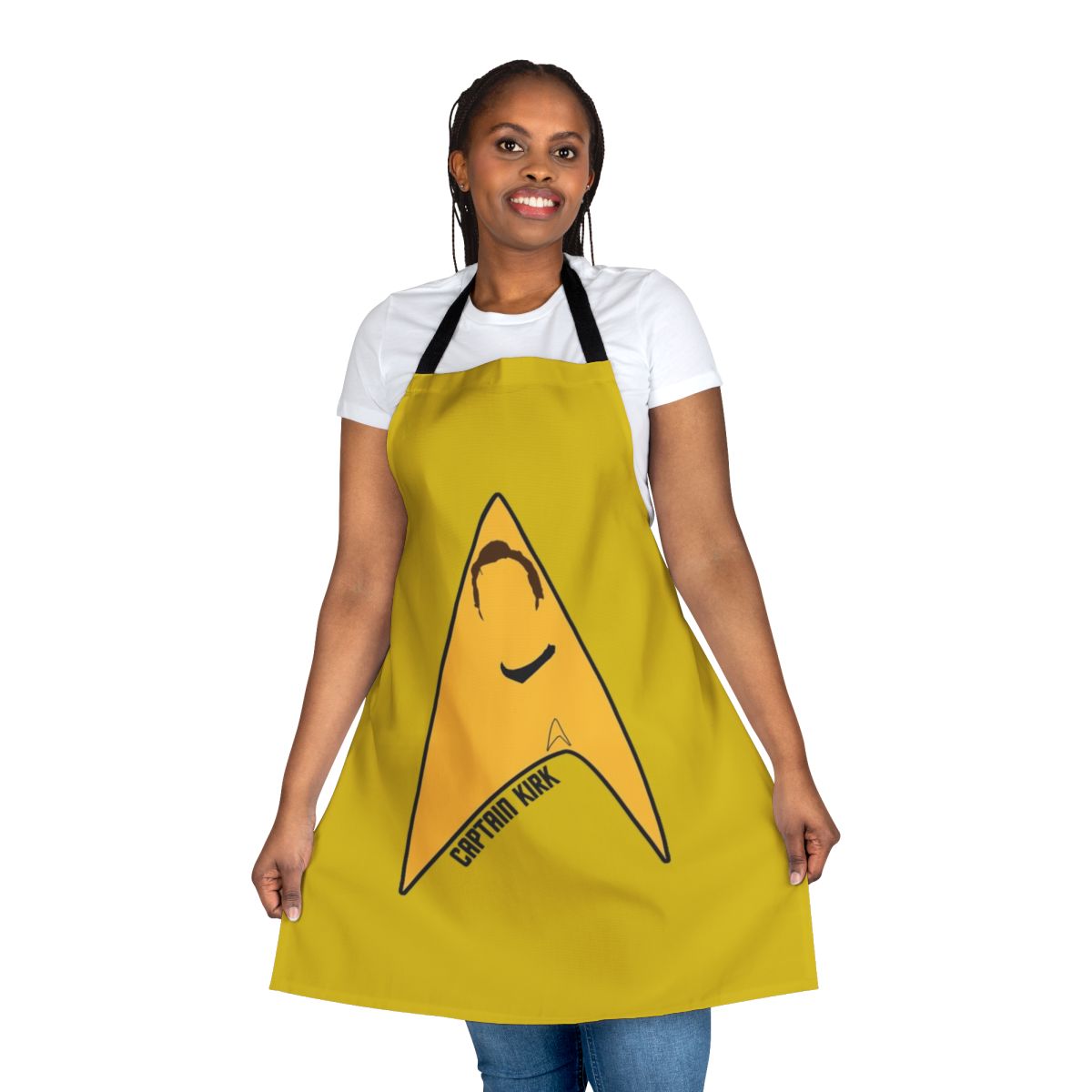 Star Trek-inspired apron featuring Captain Kirk and the USS Enterprise