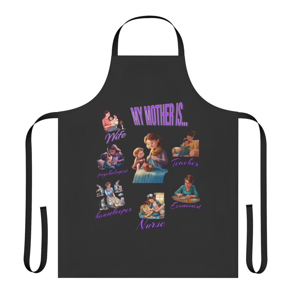 Apron with the text "Mom The Household Superhero" and a graphic of a mom in a superhero cape