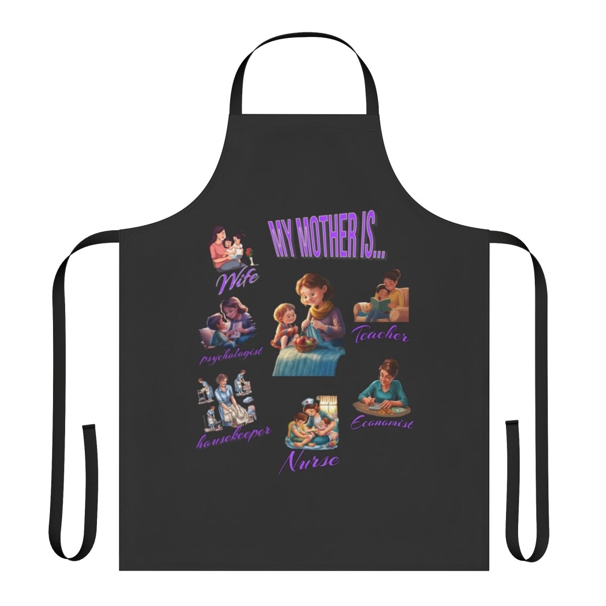 Apron with the text "Mom The Household Superhero" and a graphic of a mom in a superhero cape
