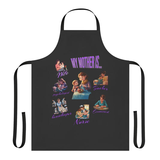 Apron with the text "Mom The Household Superhero" and a graphic of a mom in a superhero cape