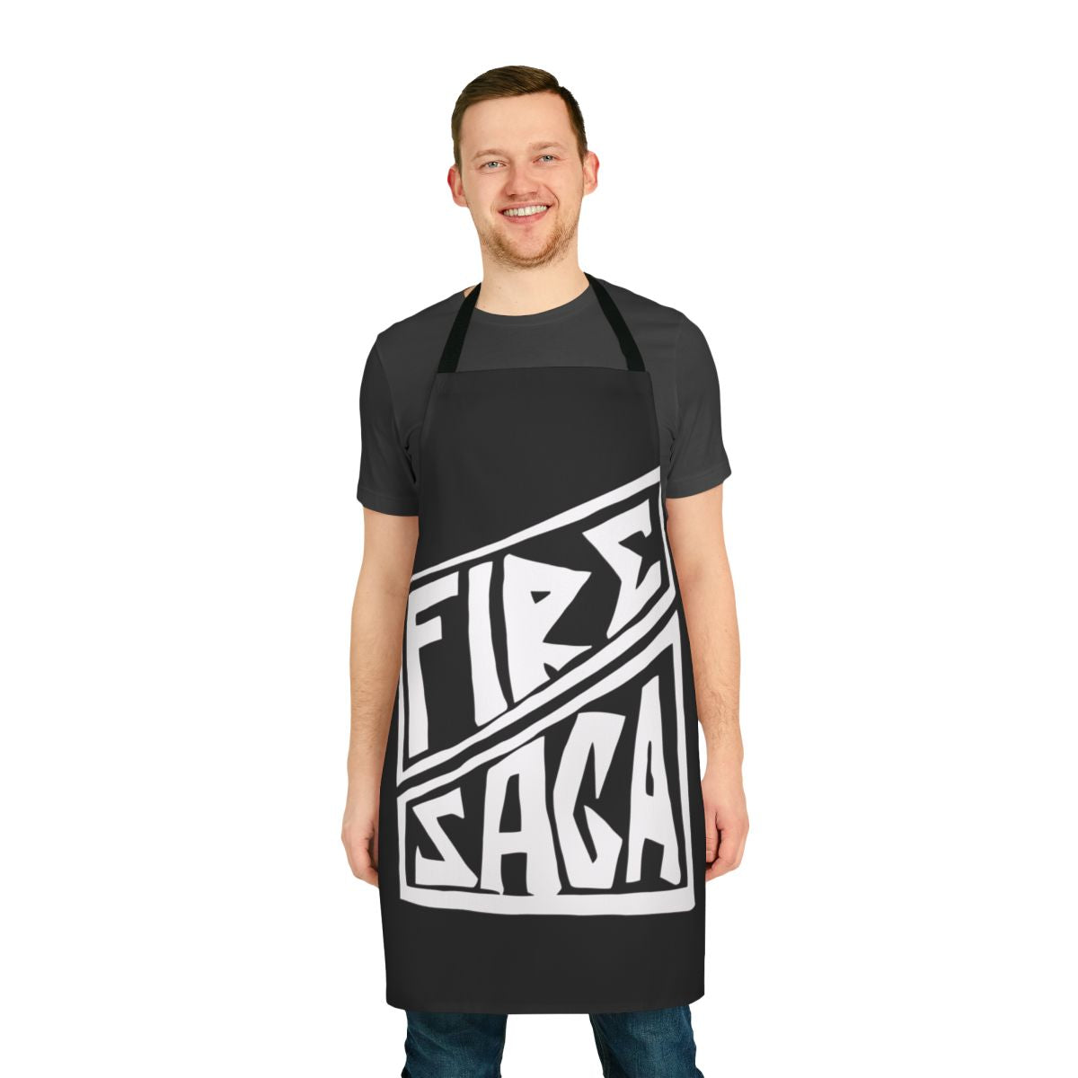 Fire Saga-inspired apron with logo and characters