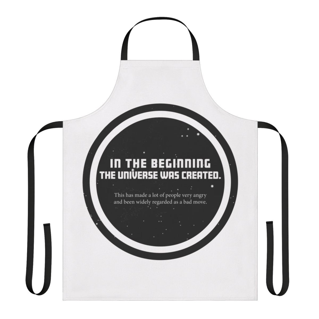 A black apron featuring a quote from the Hitchhiker's Guide to the Galaxy series by Douglas Adams