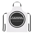 A black apron featuring a quote from the Hitchhiker's Guide to the Galaxy series by Douglas Adams