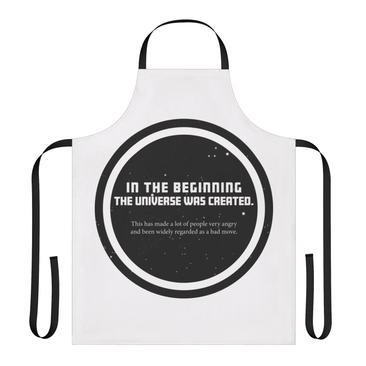 A black apron featuring a quote from the Hitchhiker's Guide to the Galaxy series by Douglas Adams