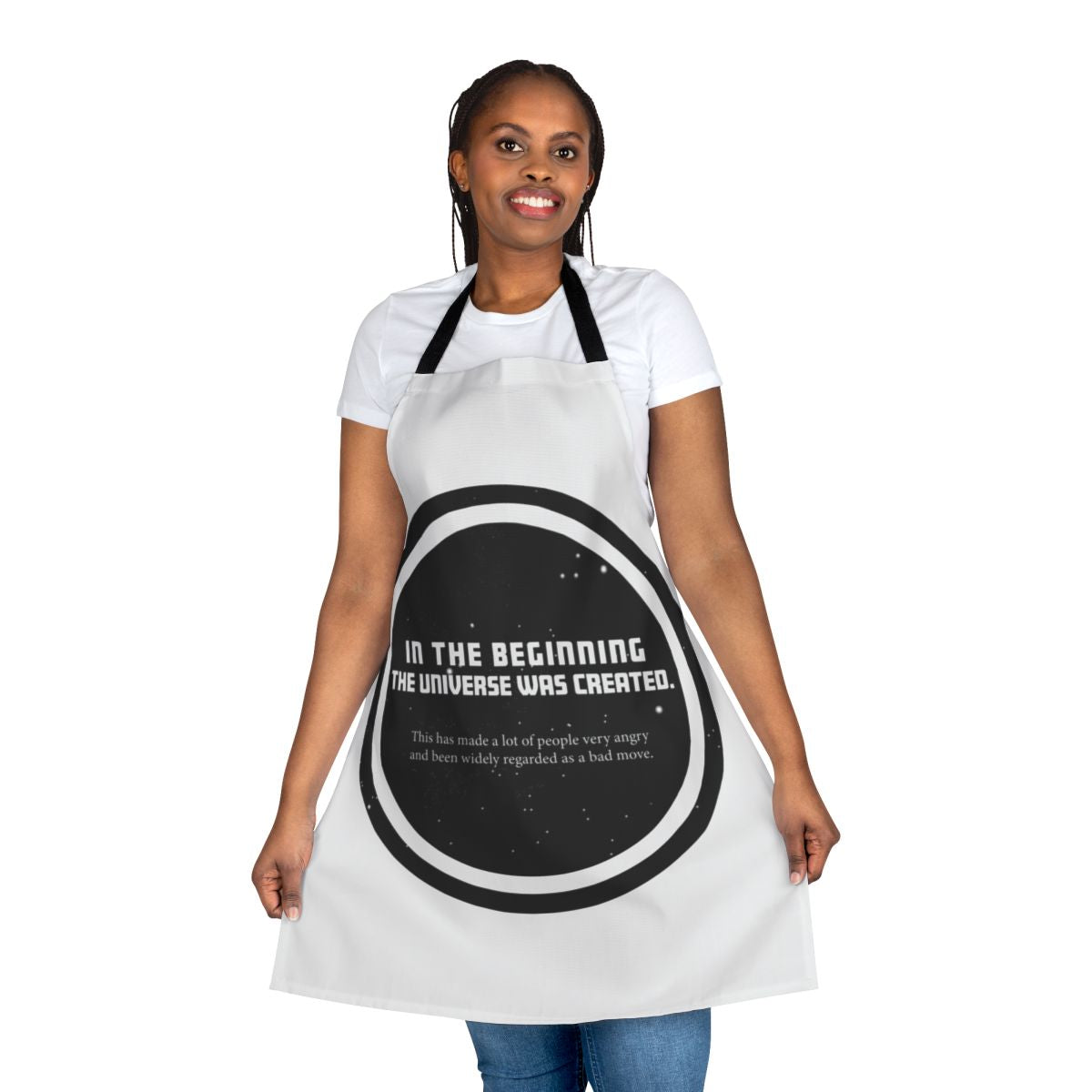 A black apron featuring a quote from the Hitchhiker's Guide to the Galaxy series by Douglas Adams