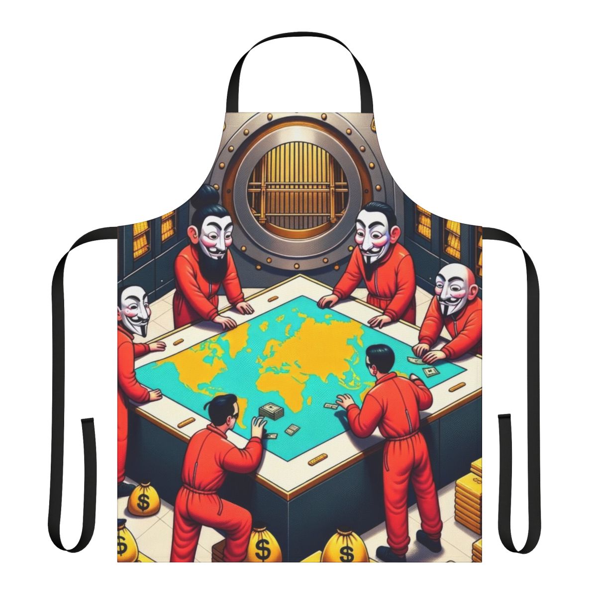 A red apron featuring the signature Dali mask and grand vault design from the hit TV series Money Heist