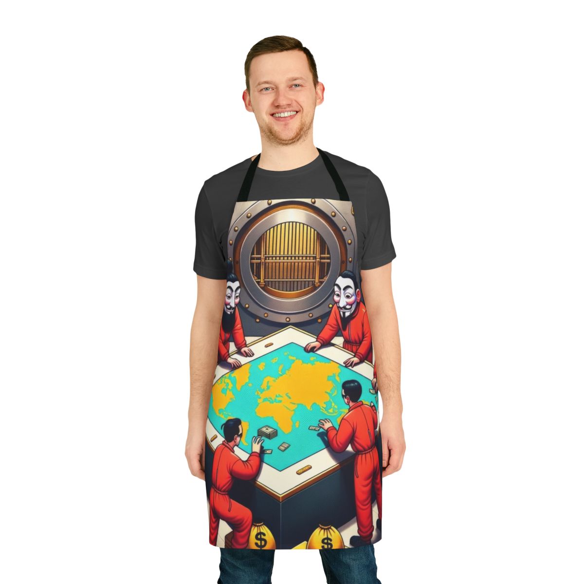 A red apron featuring the signature Dali mask and grand vault design from the hit TV series Money Heist