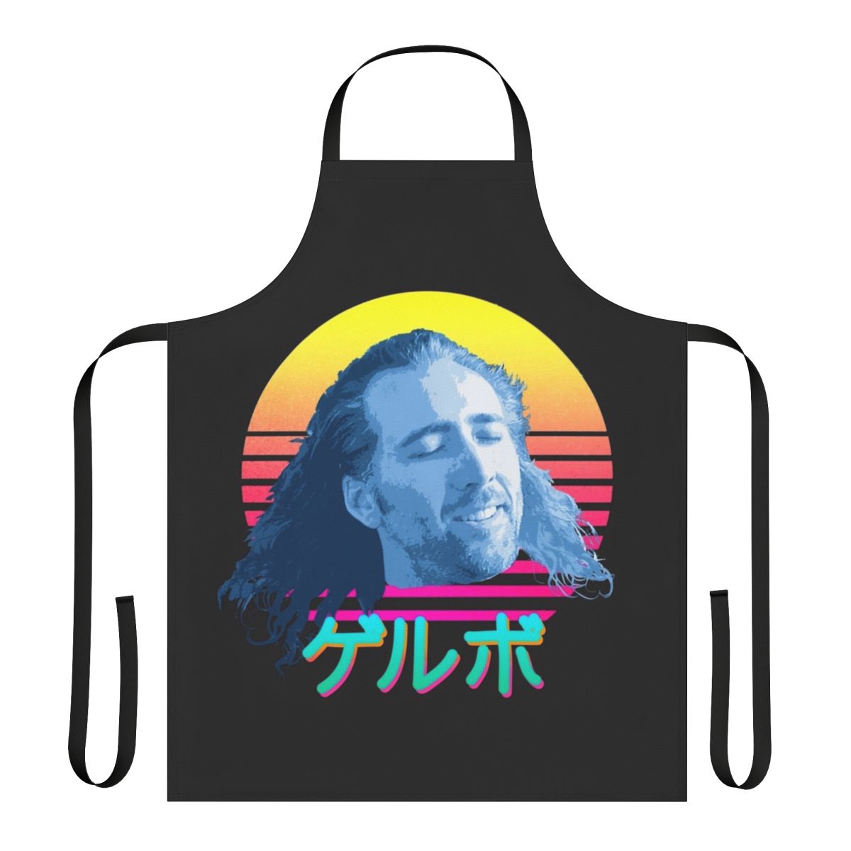 A stylish apron featuring the face of actor Nicolas Cage, perfect for the meme enthusiast
