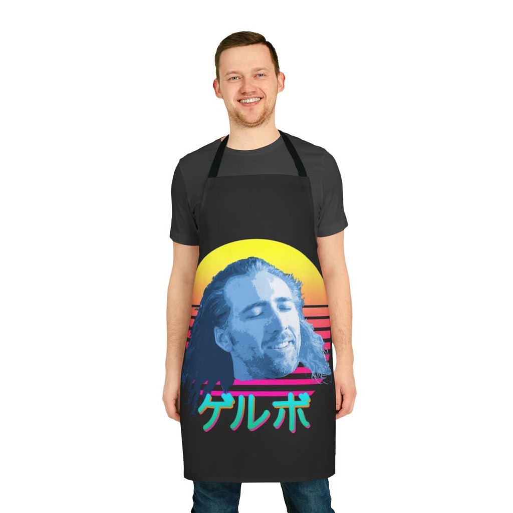 A stylish apron featuring the face of actor Nicolas Cage, perfect for the meme enthusiast