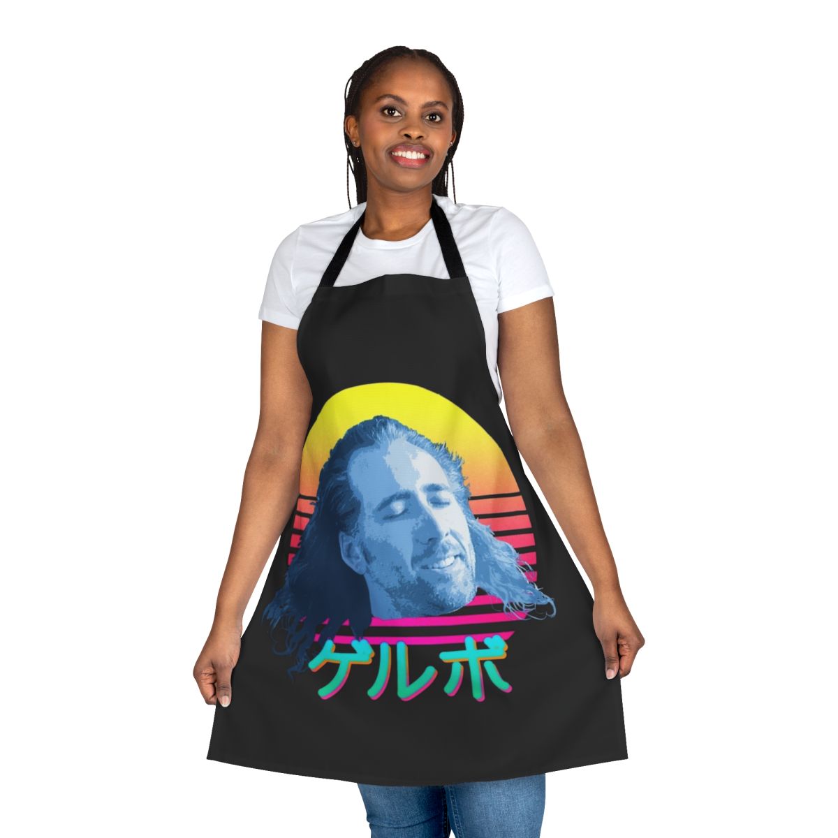 A stylish apron featuring the face of actor Nicolas Cage, perfect for the meme enthusiast