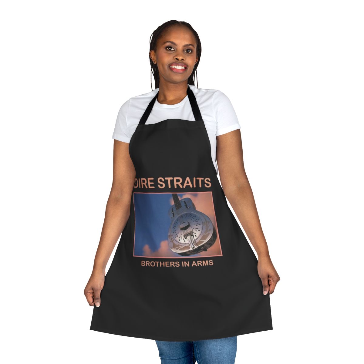 Dire Straits-inspired apron with retro album art and band logo