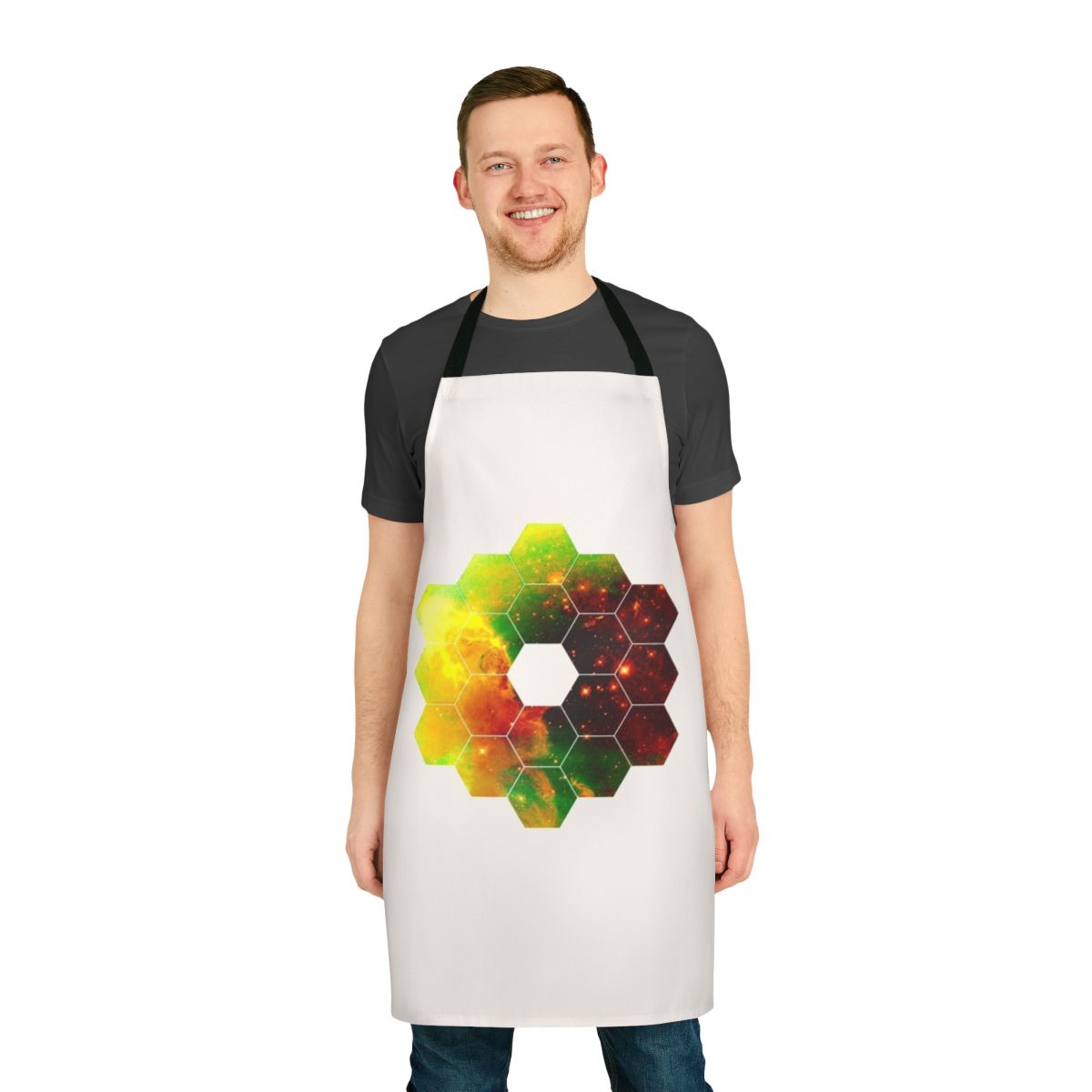 Apron featuring the James Webb Space Telescope and cosmic imagery