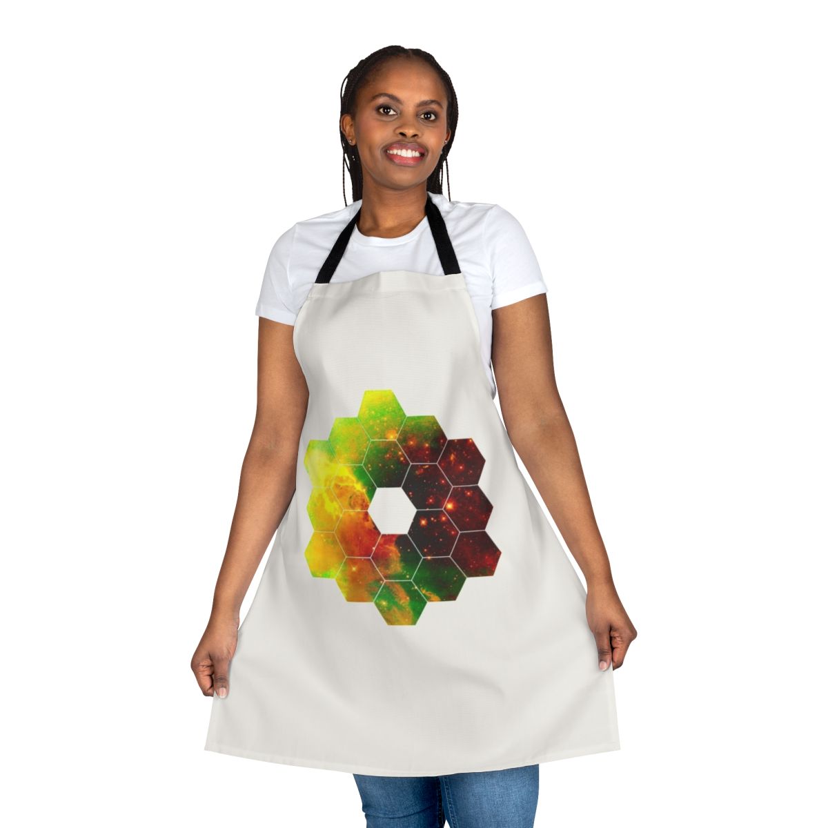 Apron featuring the James Webb Space Telescope and cosmic imagery