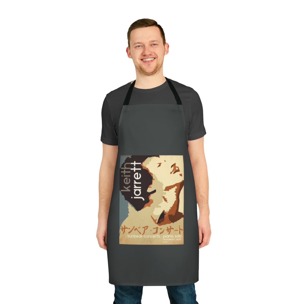 An apron featuring the name and image of renowned jazz pianist Keith Jarrett