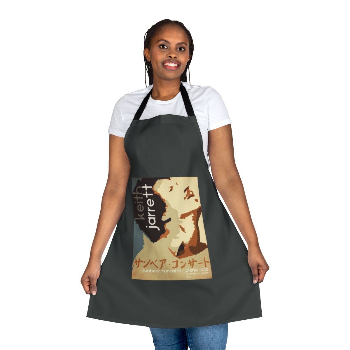 An apron featuring the name and image of renowned jazz pianist Keith Jarrett