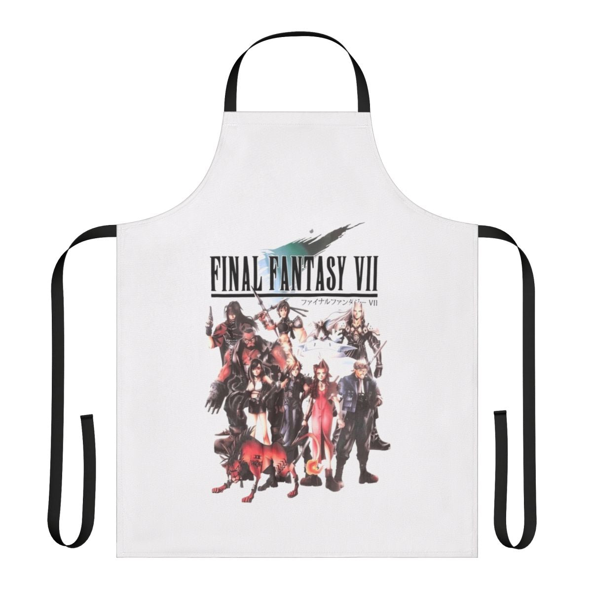 Final Fantasy VII-inspired group apron featuring characters Zack, Cloud, and Sephiroth