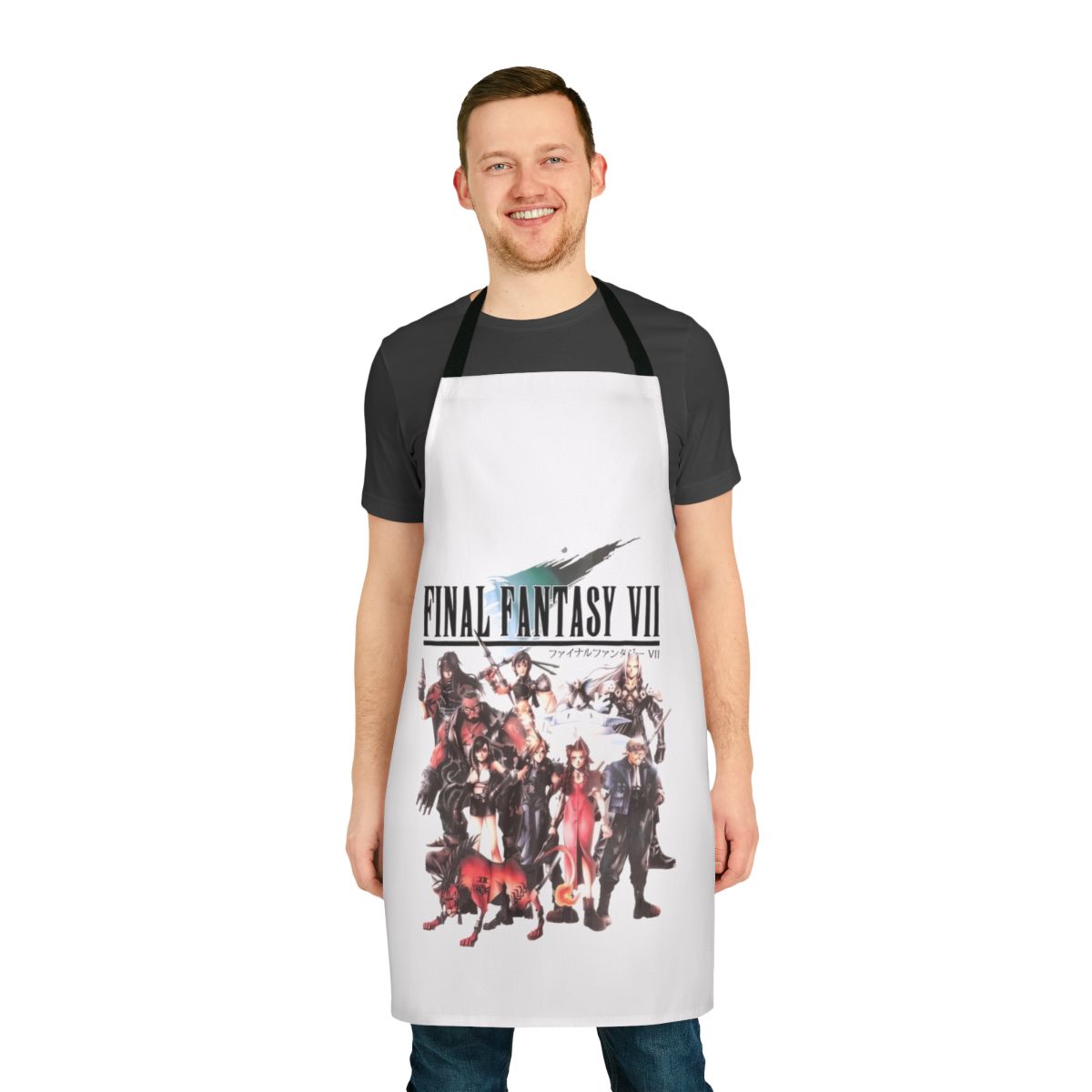 Final Fantasy VII-inspired group apron featuring characters Zack, Cloud, and Sephiroth