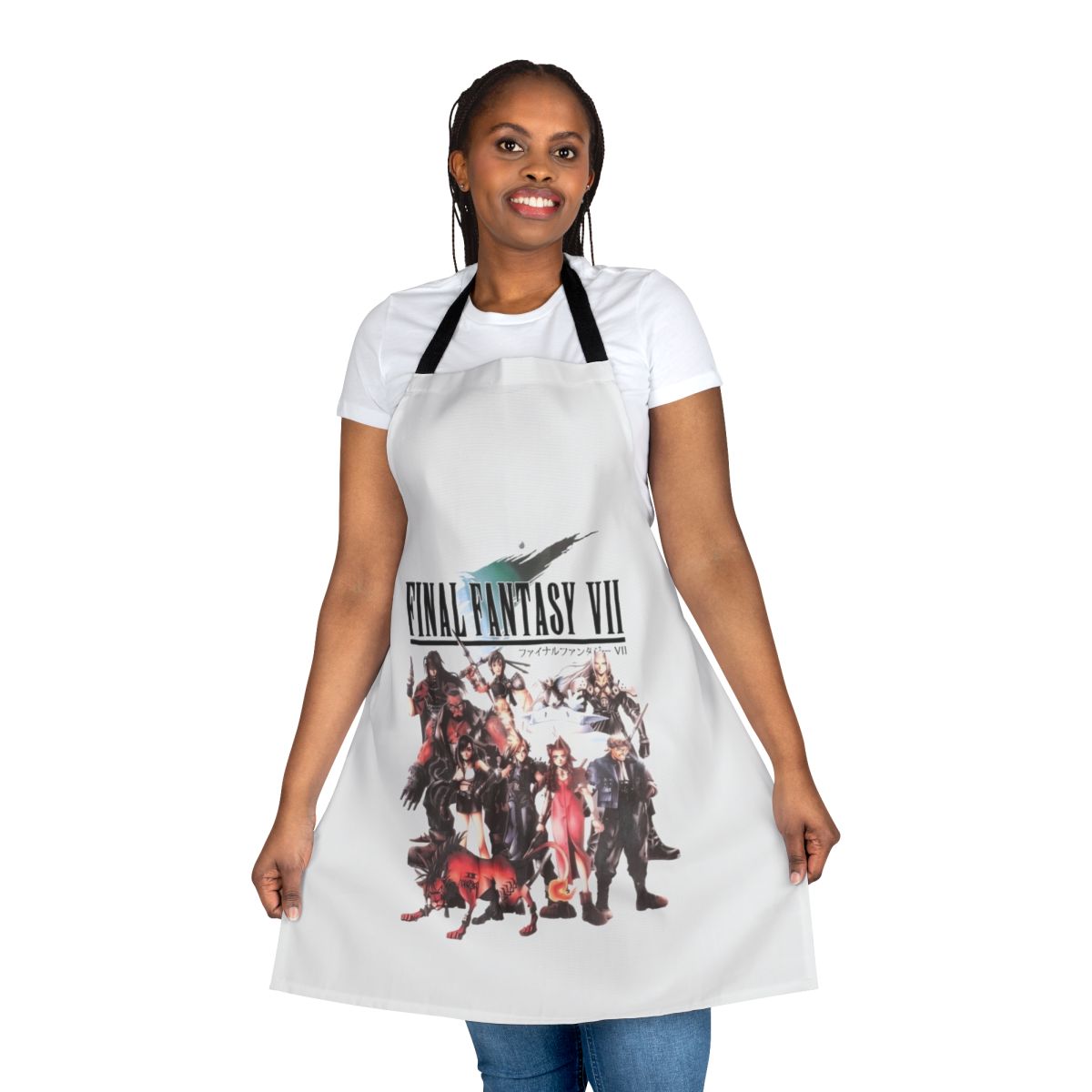 Final Fantasy VII-inspired group apron featuring characters Zack, Cloud, and Sephiroth