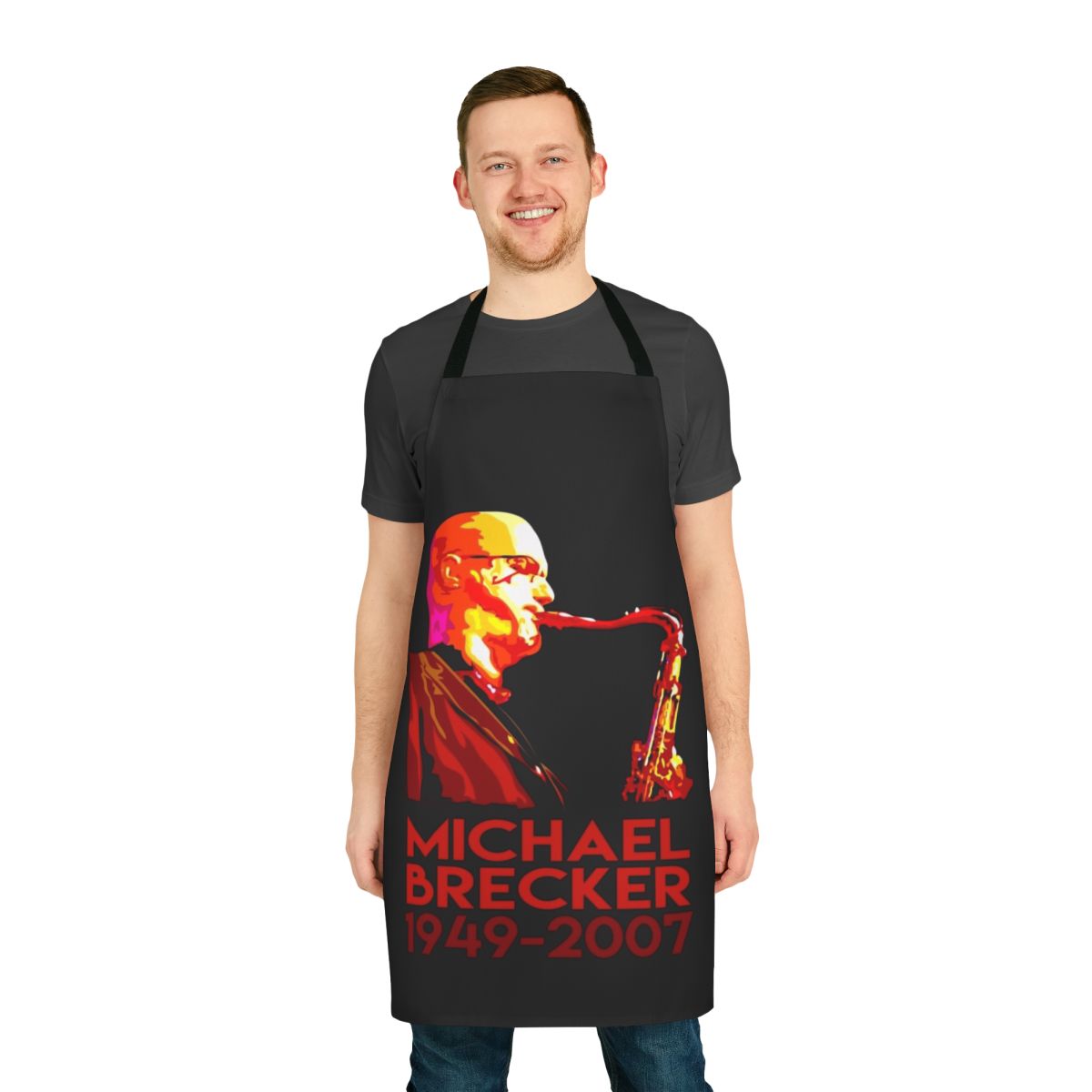 Illustrated apron featuring the image of renowned saxophonist Michael Brecker