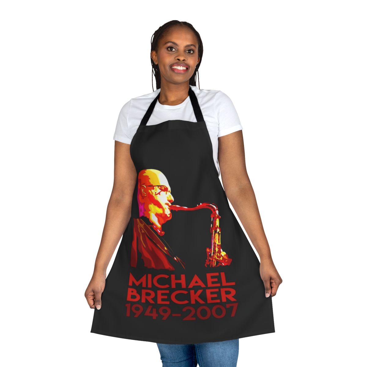 Illustrated apron featuring the image of renowned saxophonist Michael Brecker