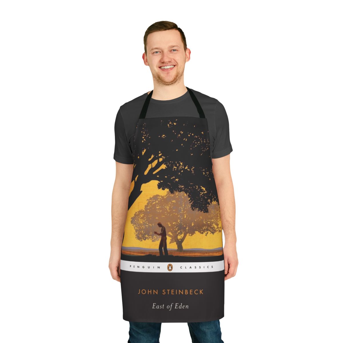 "Apron featuring the book cover of John Steinbeck's classic novel, East of Eden"