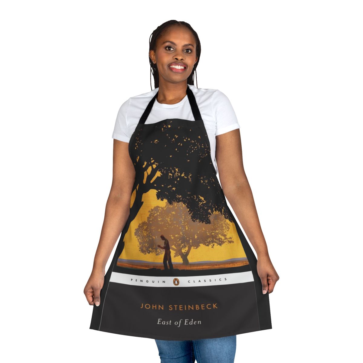 "Apron featuring the book cover of John Steinbeck's classic novel, East of Eden"