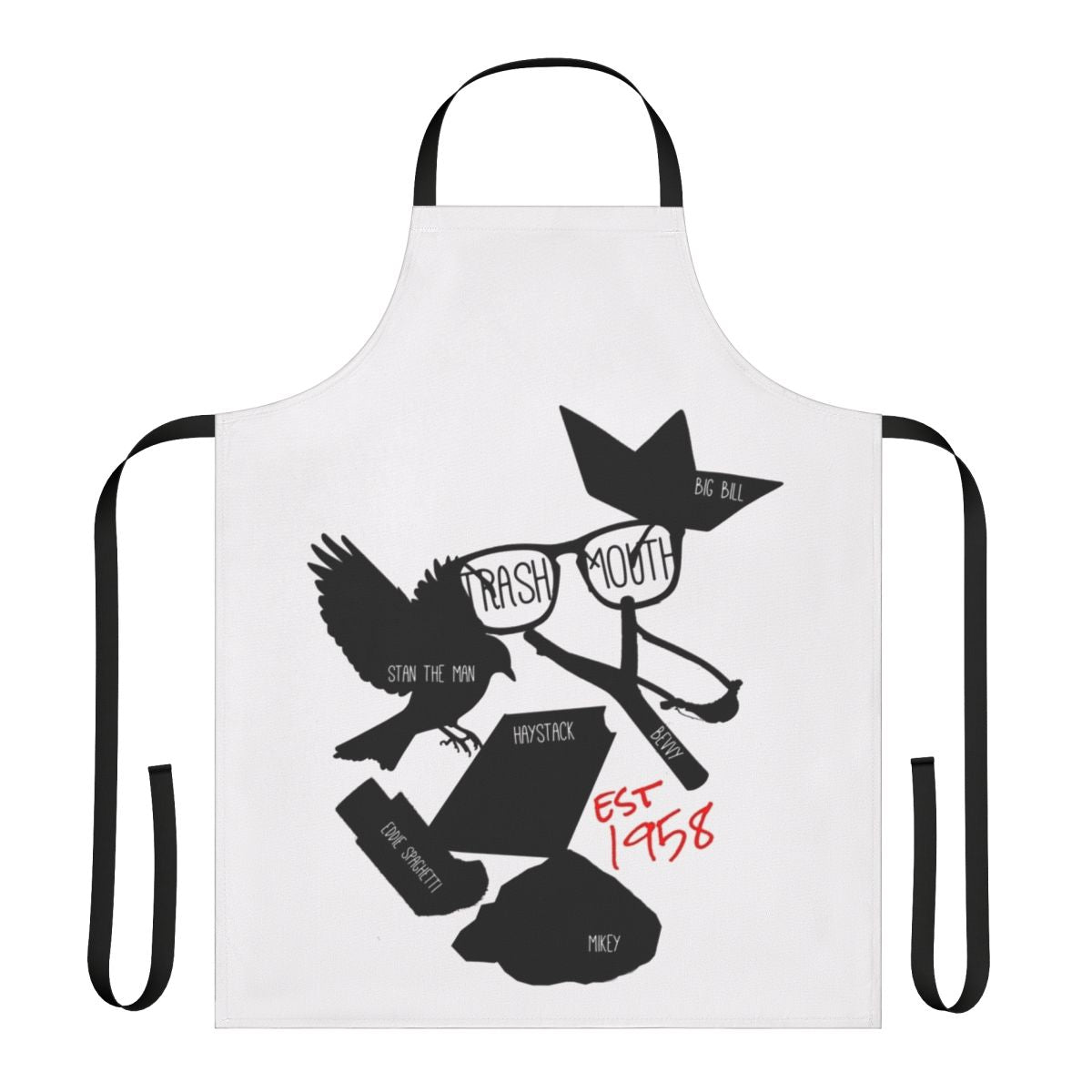 An apron featuring the Losers Club from Stephen King's IT, with text, character elements, and a horror-inspired design.