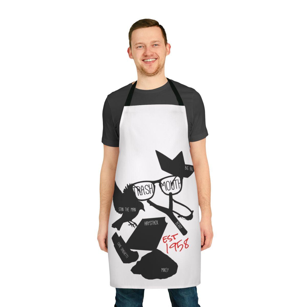 An apron featuring the Losers Club from Stephen King's IT, with text, character elements, and a horror-inspired design.