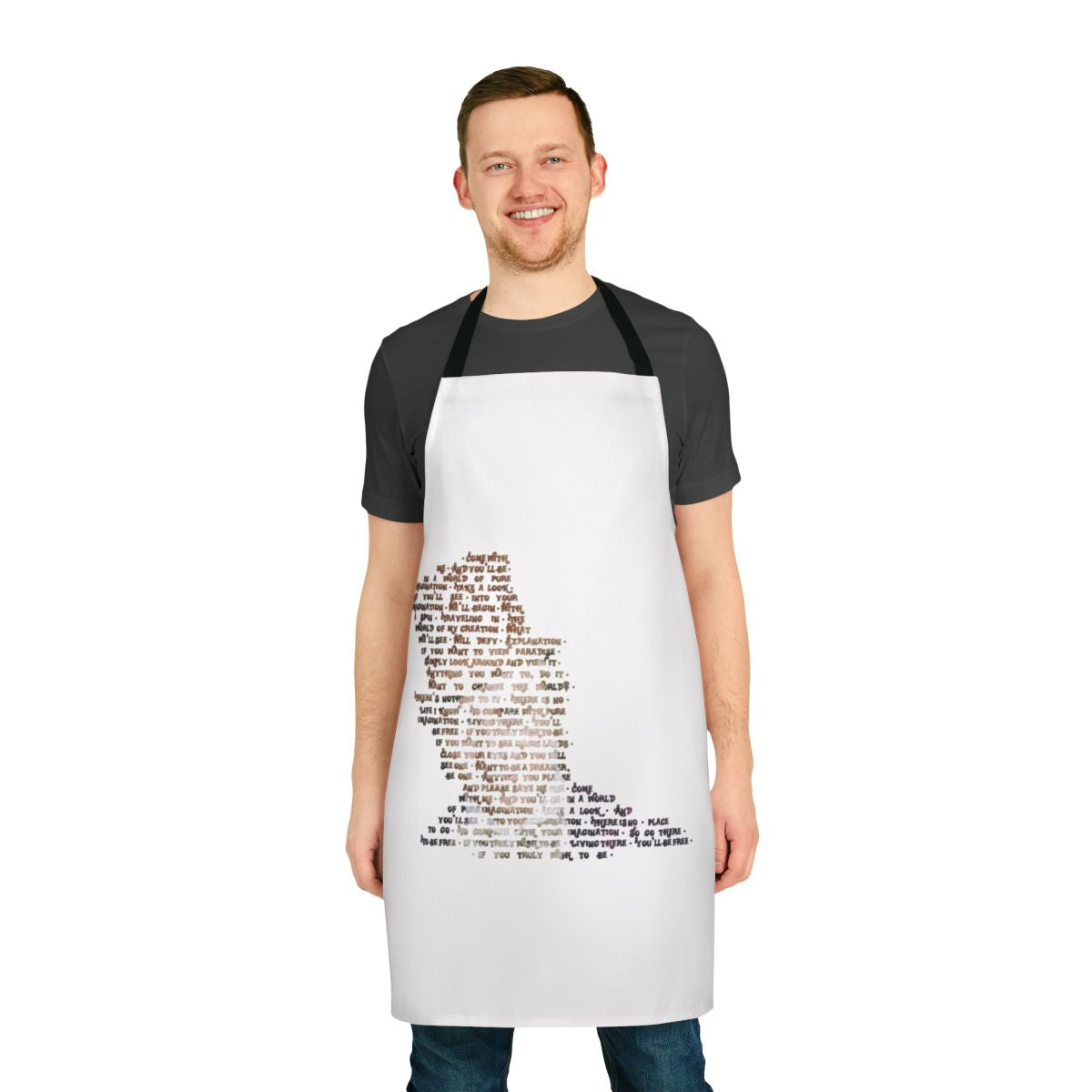 Whimsical apron featuring the iconic "Pure Imagination" lyric from Willy Wonka & the Chocolate Factory