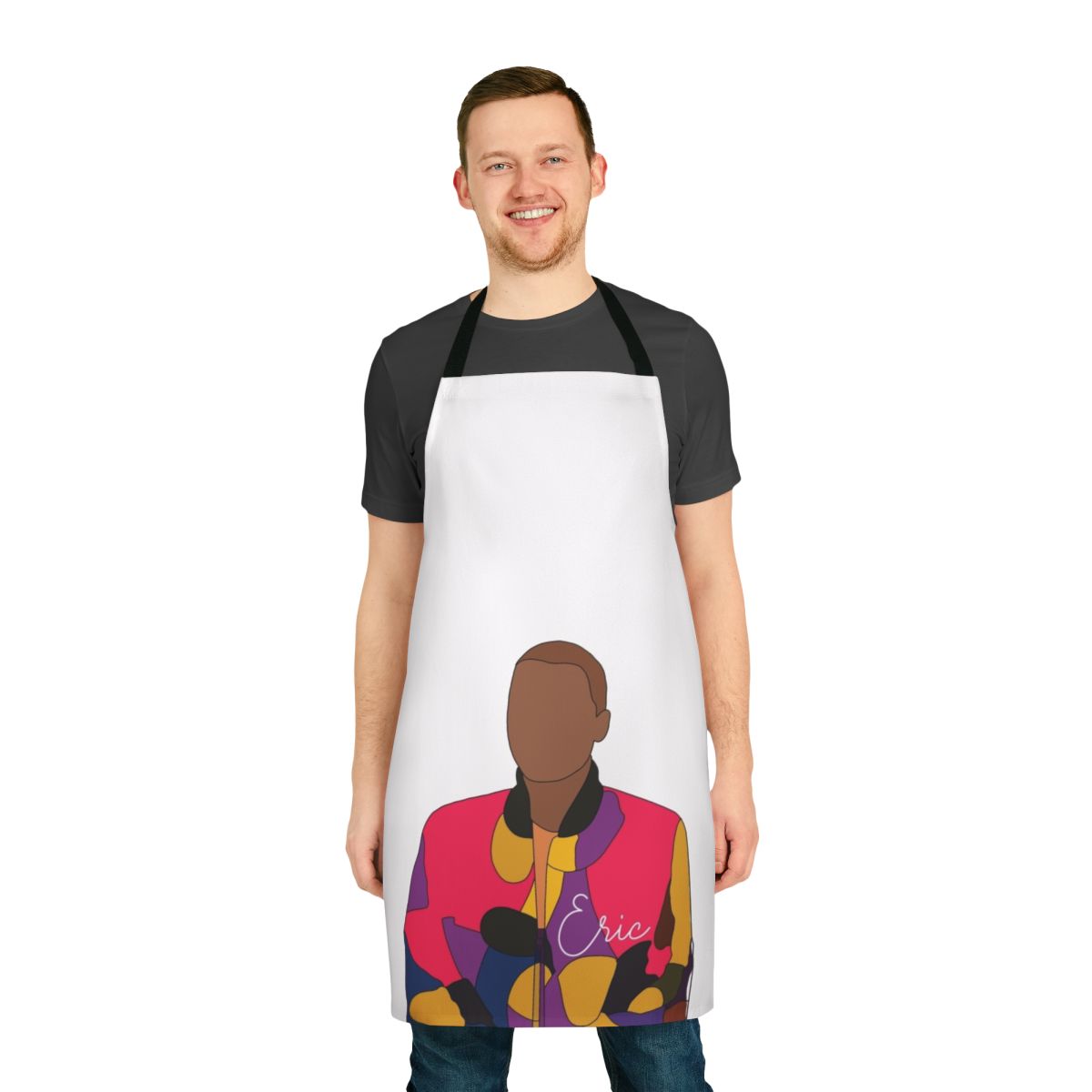A colorful apron featuring the characters from the popular Netflix series "Sex Education"