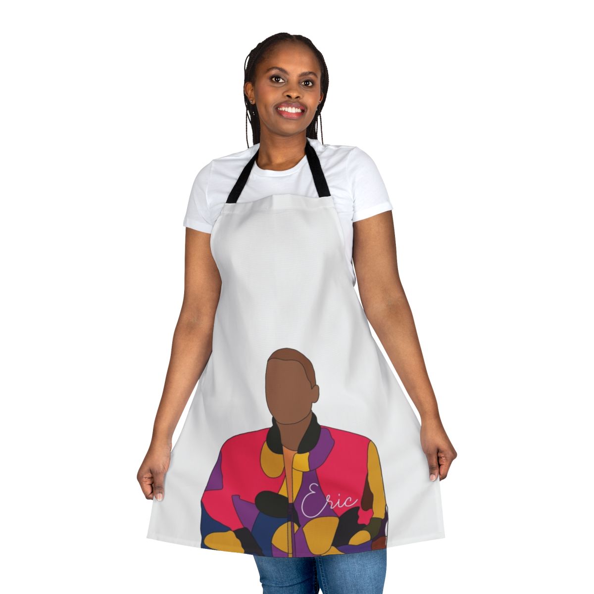A colorful apron featuring the characters from the popular Netflix series "Sex Education"