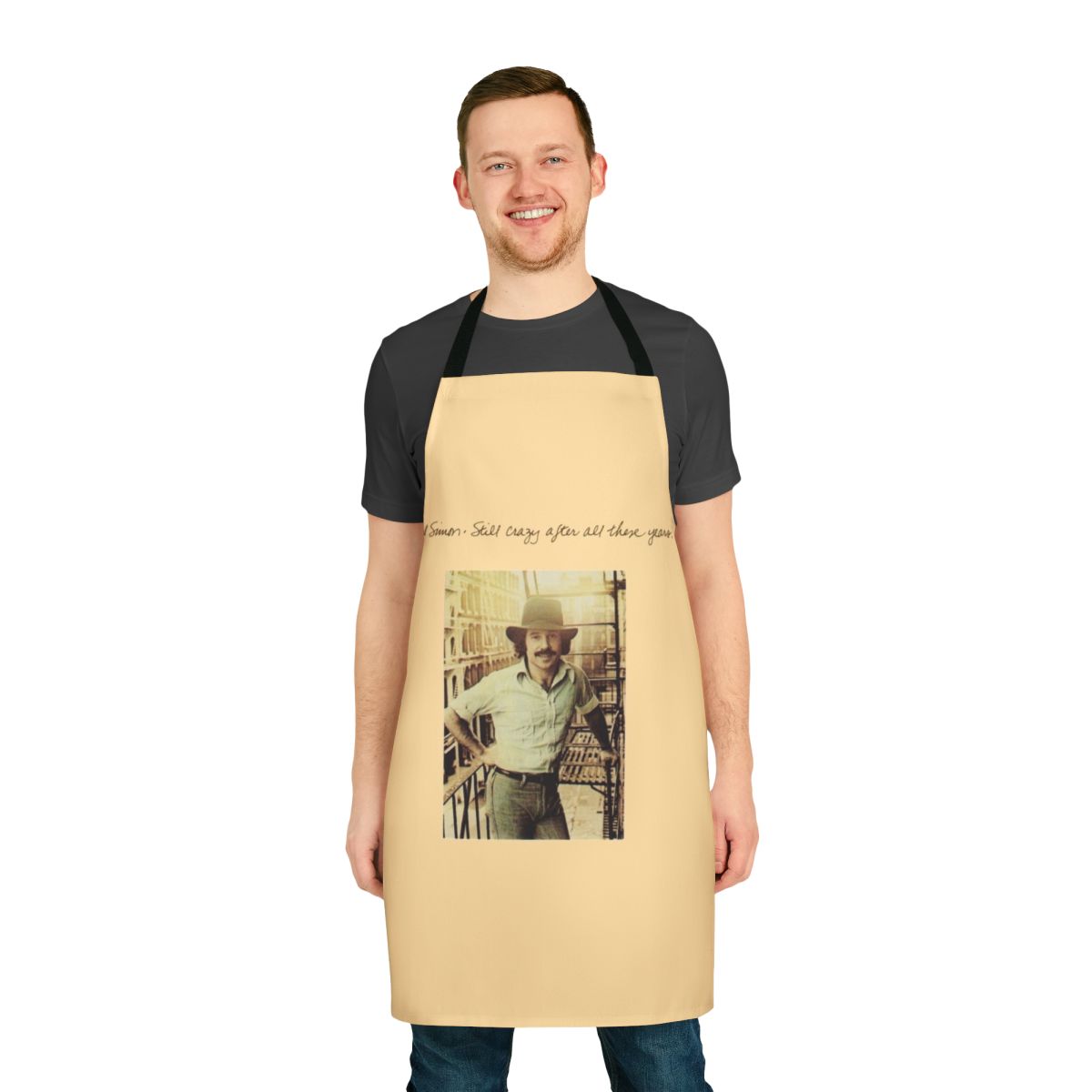 Vintage-inspired apron featuring the iconic album cover art of Paul Simon's "Still Crazy After All These Years"