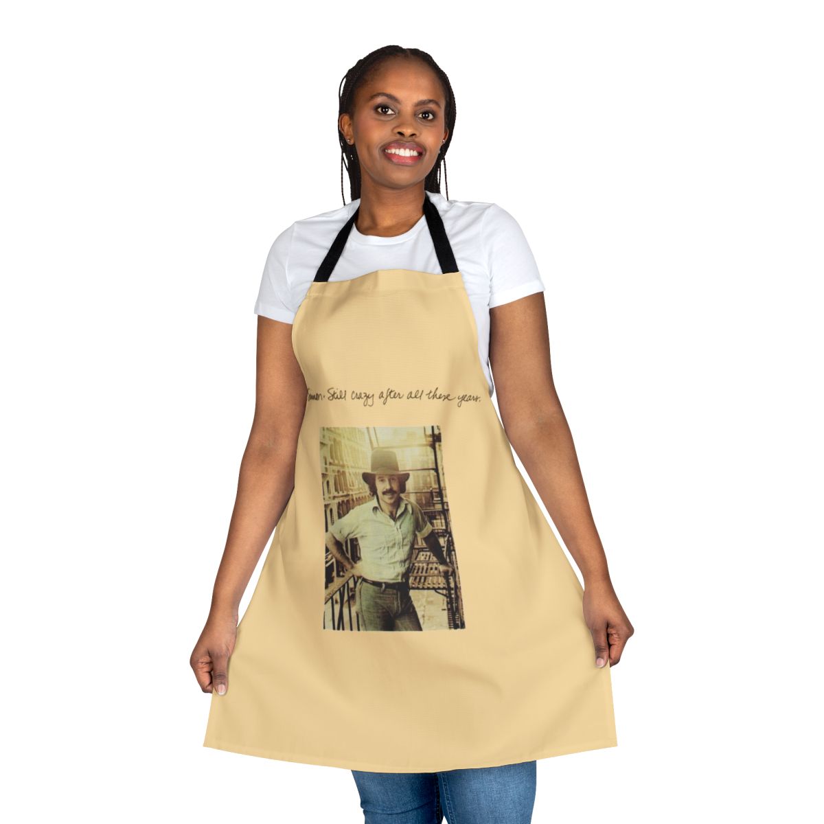 Vintage-inspired apron featuring the iconic album cover art of Paul Simon's "Still Crazy After All These Years"