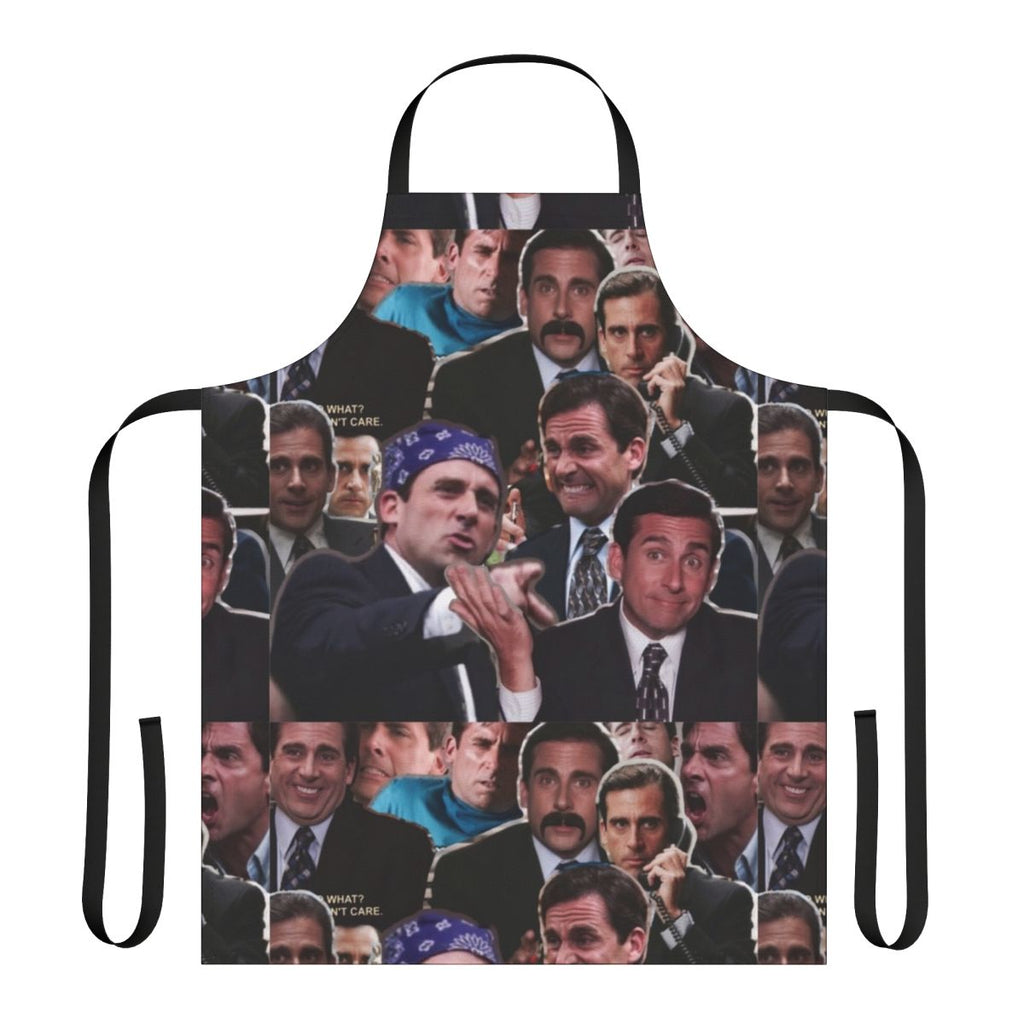 A collage apron featuring Michael Scott, Steve Carell, and other beloved characters from the TV show "The Office"