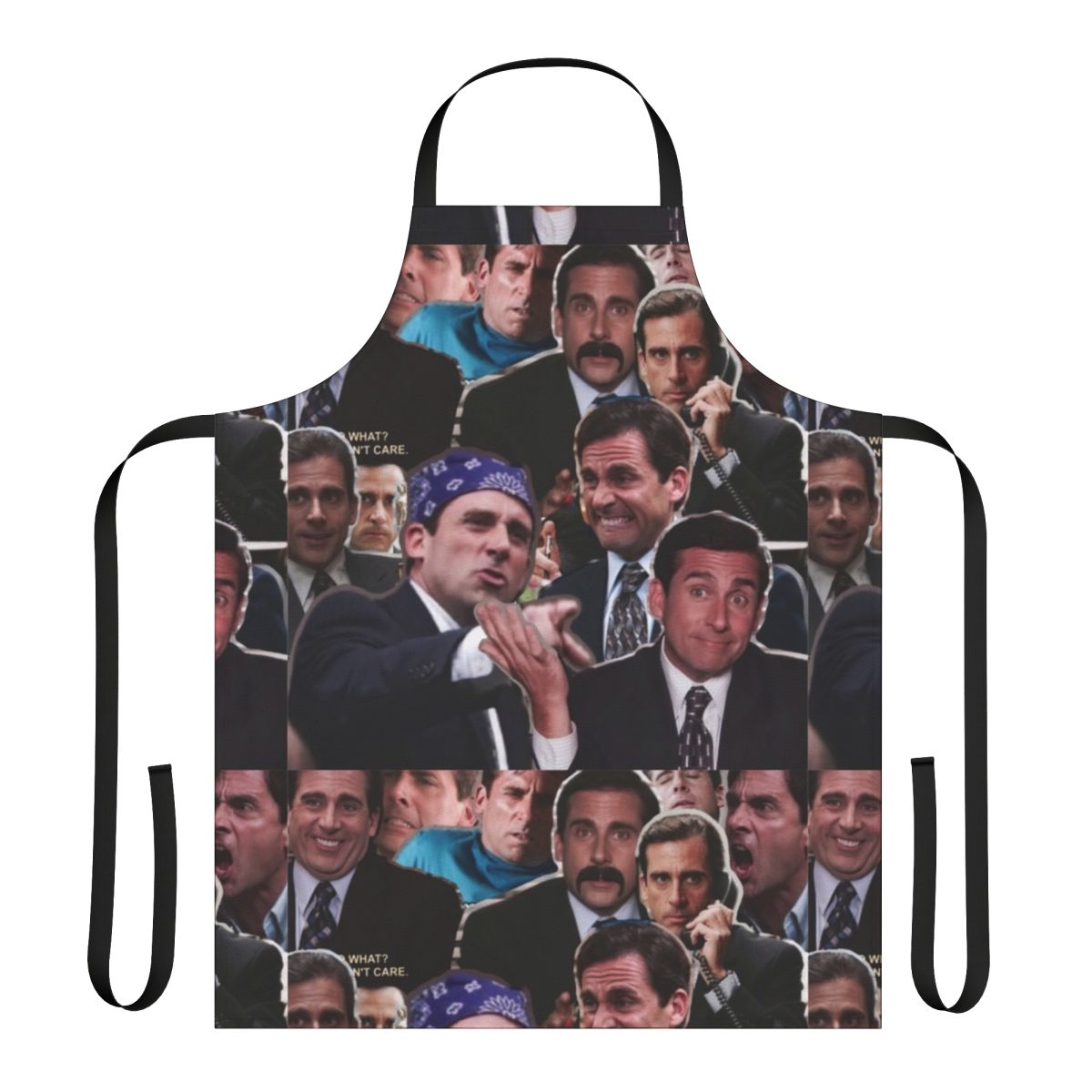 A collage apron featuring Michael Scott, Steve Carell, and other beloved characters from the TV show "The Office"
