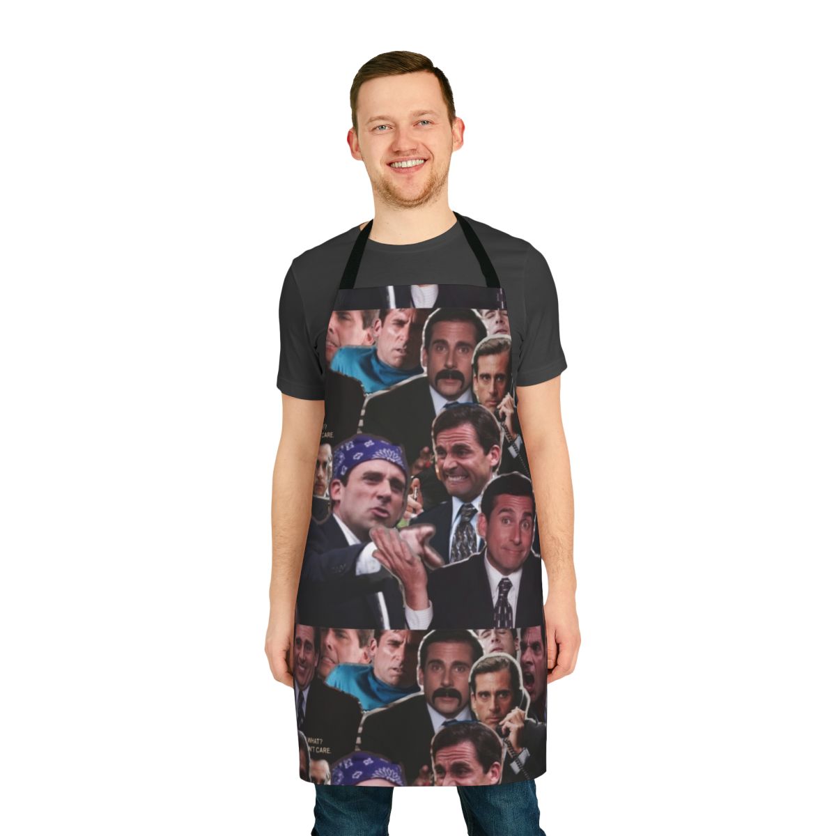 A collage apron featuring Michael Scott, Steve Carell, and other beloved characters from the TV show "The Office"