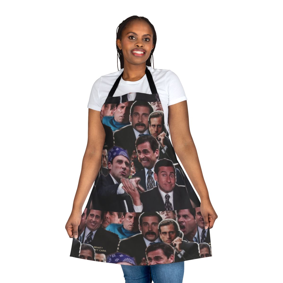 A collage apron featuring Michael Scott, Steve Carell, and other beloved characters from the TV show "The Office"