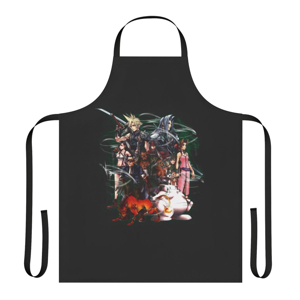 Final Fantasy VII-inspired apron with collage design featuring characters like Cloud and Tifa