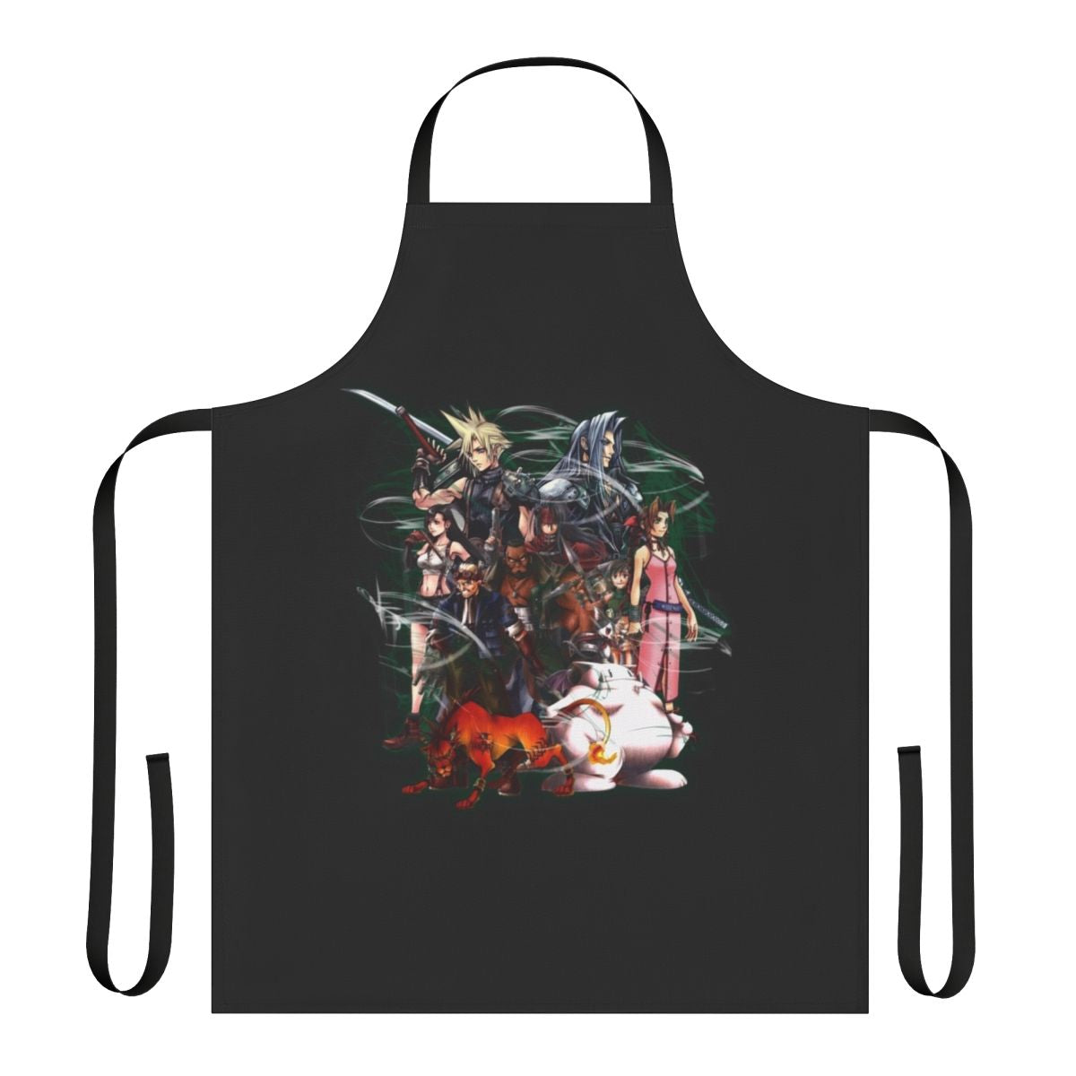 Final Fantasy VII-inspired apron with collage design featuring characters like Cloud and Tifa