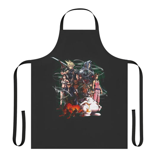 Final Fantasy VII-inspired apron with collage design featuring characters like Cloud and Tifa